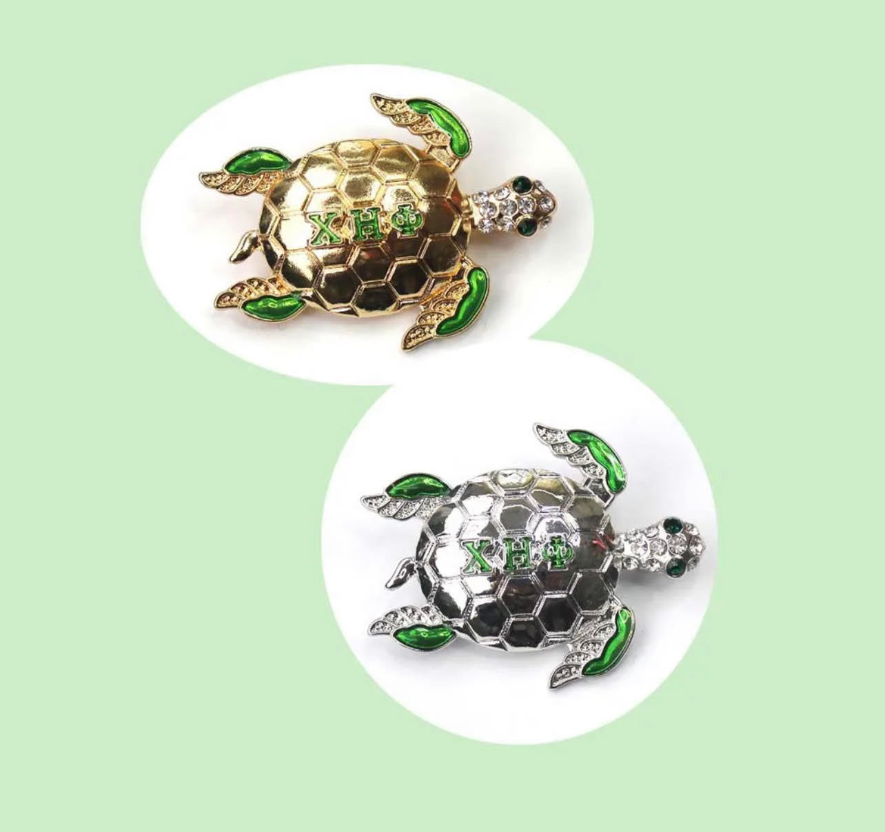 XHO Chi Eta Phi Green/Silver/ Gold Tortoise Brooch Rhinestone