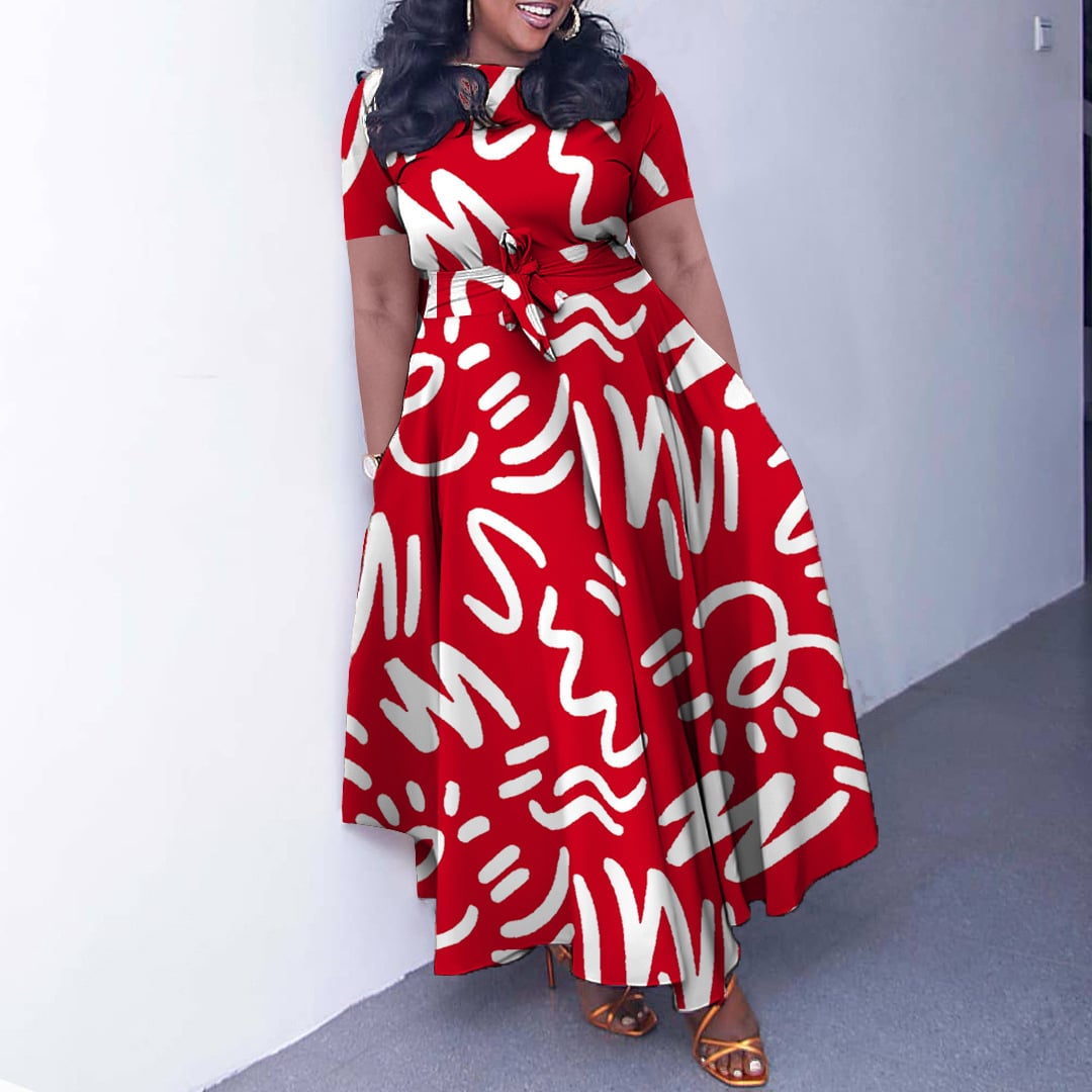 Red and White Graffiti Printed Maxi Dress