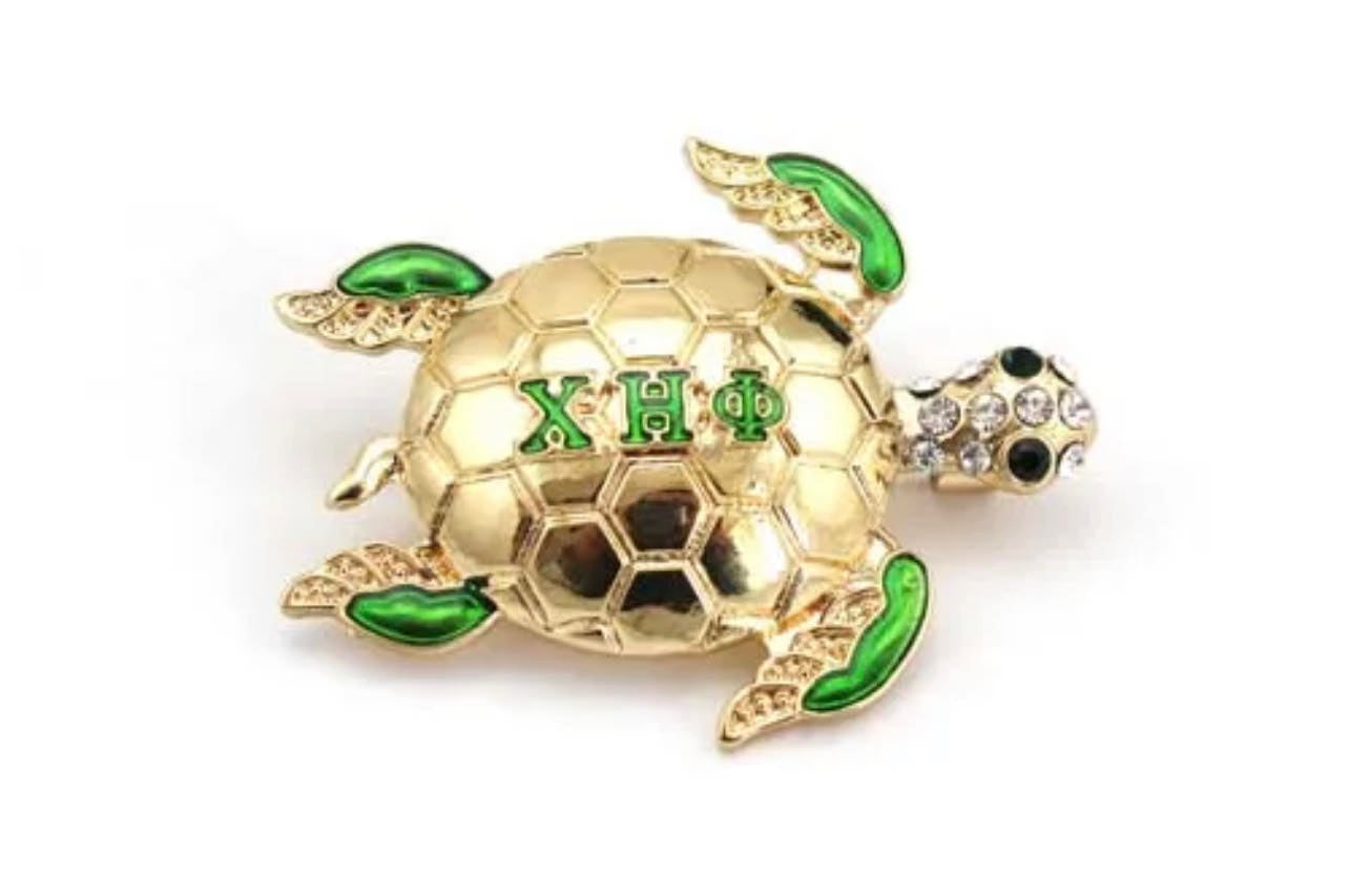 XHO Chi Eta Phi Green/Silver/ Gold Tortoise Brooch Rhinestone
