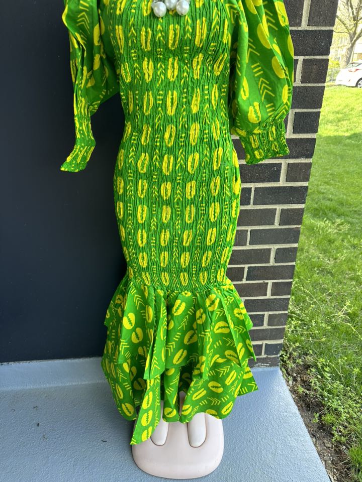 Chi Eta Phi Smock Mermaid Dress Green and Yello African Print High Quality