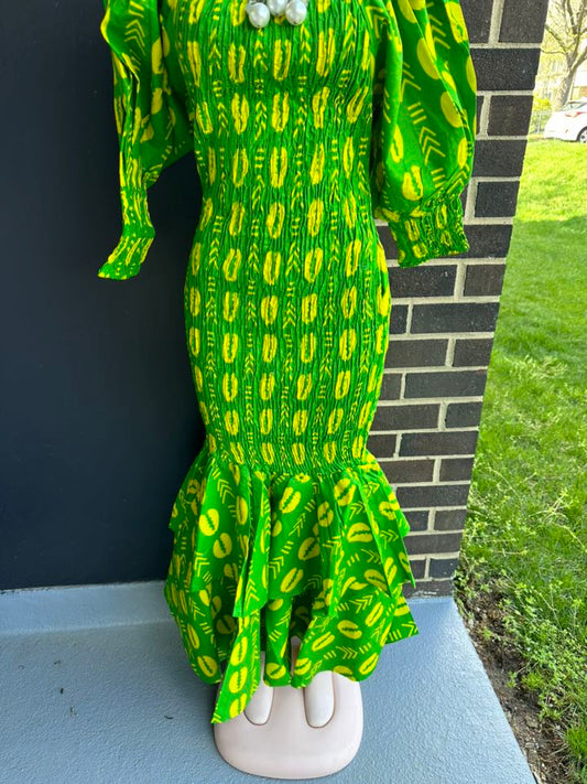 Chi Eta Phi Smock Mermaid Dress Green and Yello African Print High Quality