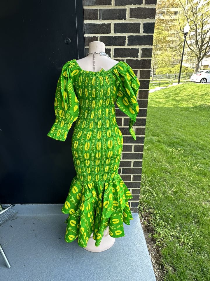 Chi Eta Phi Smock Mermaid Dress Green and Yello African Print High Quality