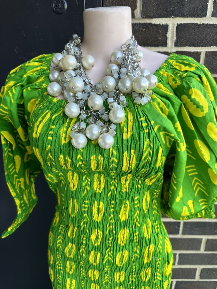 Chi Eta Phi Smock Mermaid Dress Green and Yello African Print High Quality