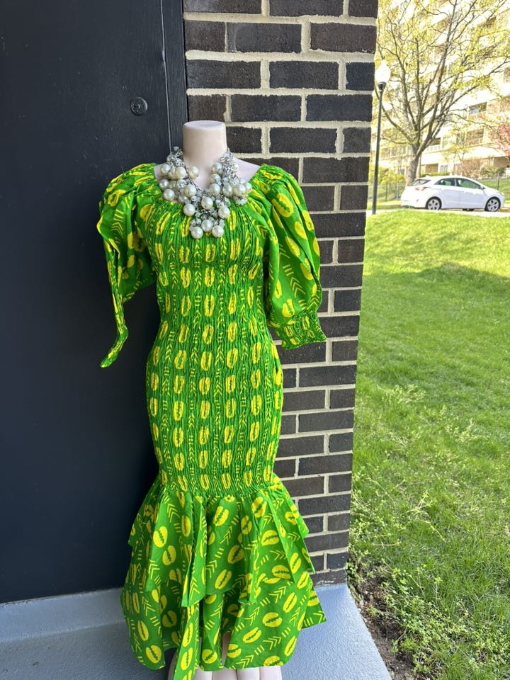 Chi Eta Phi Smock Mermaid Dress Green and Yello African Print High Quality