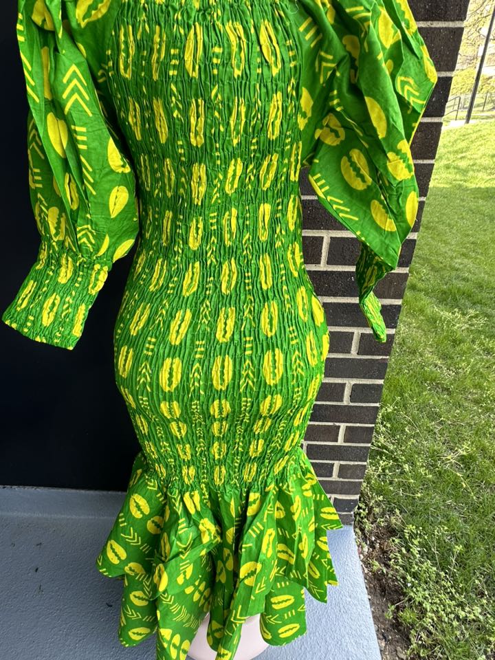 Chi Eta Phi Smock Mermaid Dress Green and Yello African Print High Quality