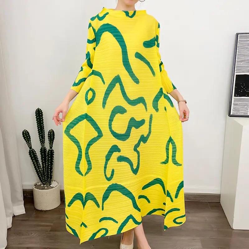 Chi Eta Phi Inspired Miyake Woman Fashion Printing Maxi Summer Plus Size Dress Women Elegant Pleated Dresses