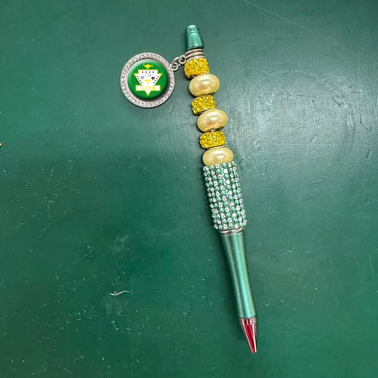 Style 1 XHP Popular Yellow Greek Chi Eta Phi Symbol Metal Pendant Crystal Beads Women's Ballpoint Pen Office Supplies