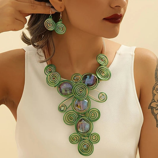 Bold Double Oval Accented Metal Wire Spiral Embellished Statement Necklace and Earring