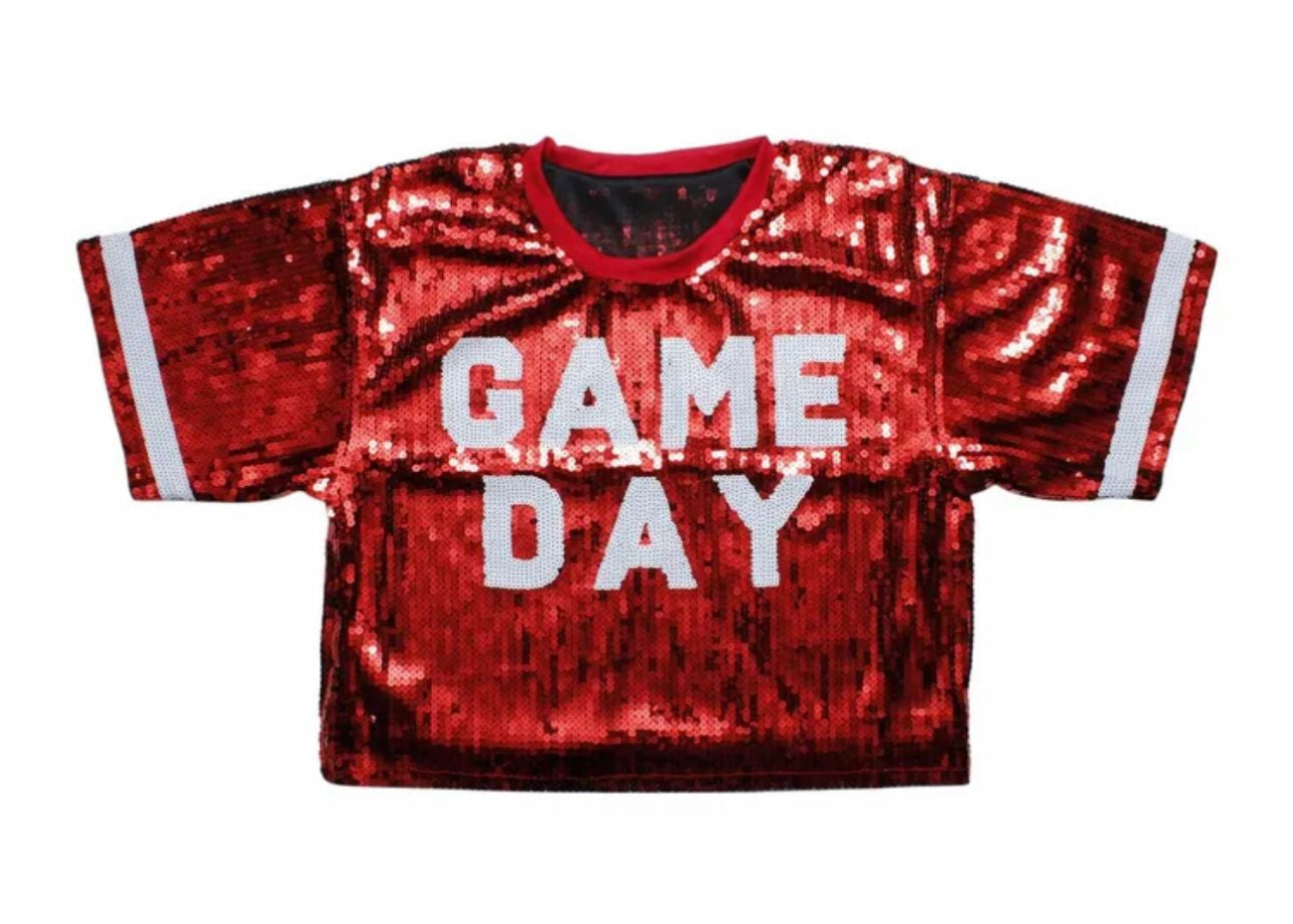 Red And White Jersey Sequin Game Day Crop Top for Women