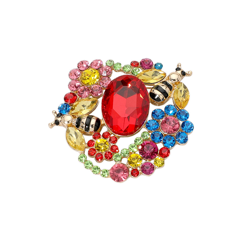 Honey Bee Flower Stone Cluster Pin Brooch