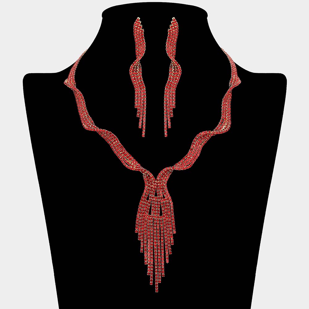 Rhinestone Studded Statement Fringe Evening Choker Necklace Red