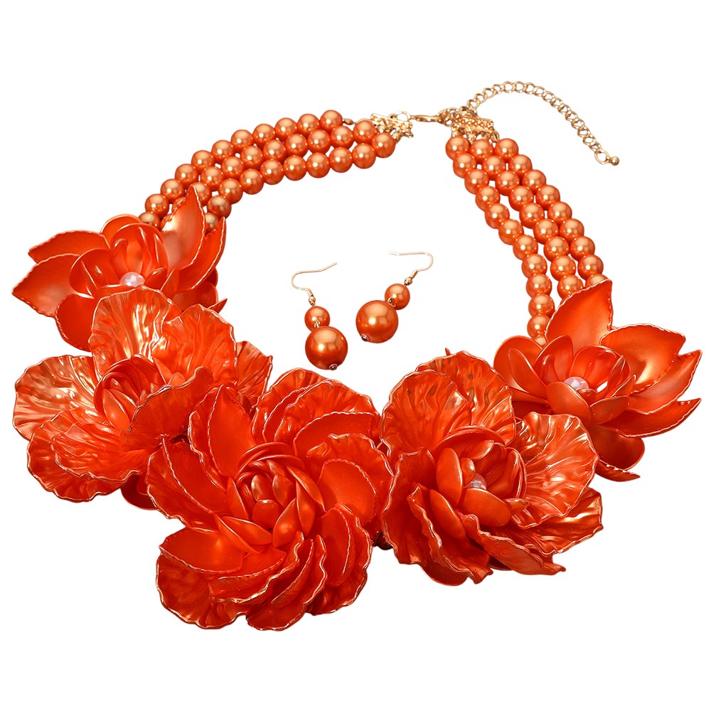 Bold Pearly Petal Floral Link Triple Pearl Strand Statement Necklace Orange
