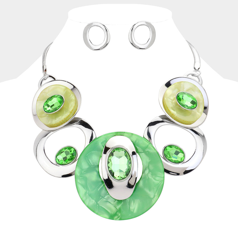 Green Yellow and Sliver Celluloid Acetate Glass Stone Metal Statement Necklace