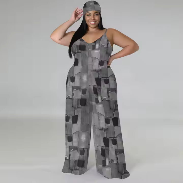2025 Popular Products Wholesale Plus Size Women's Denim Graphic Style Sleeveless Wide Leg Mopping One Piece Jumpsuit