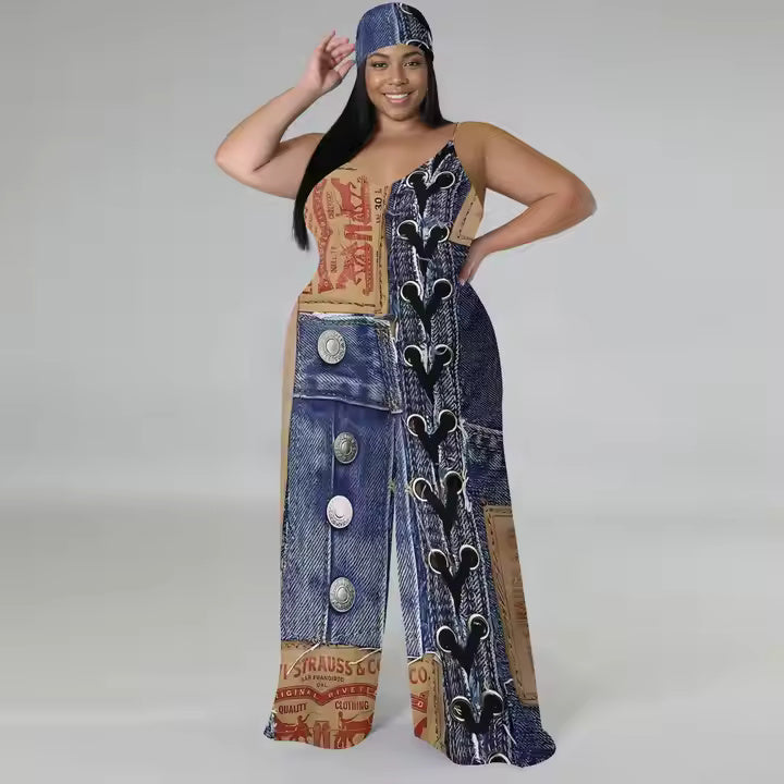 2025 Popular Products Wholesale Plus Size Women's Denim Graphic Style Sleeveless Wide Leg Mopping One Piece Jumpsuit