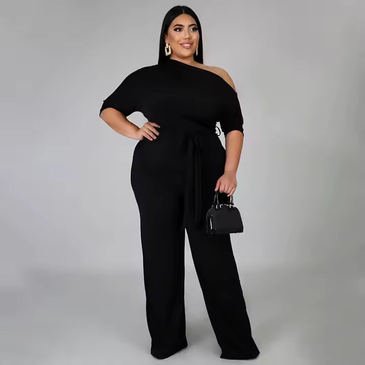 Women Elegant Jumpsuit Black Short Sleeve Jumpsuit Tie Straight Trousers One Piece Short Sleeve Solid Plus Size Jumpsuit