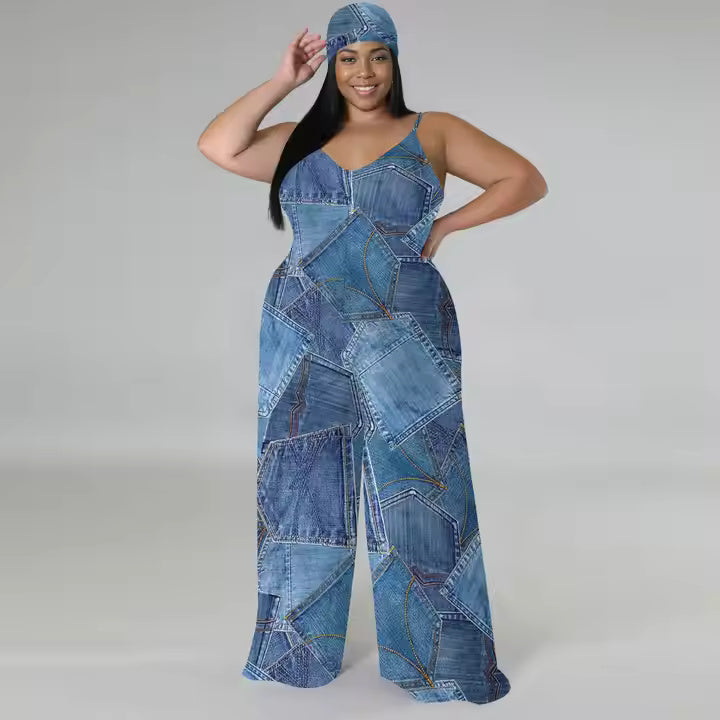 2025 Popular Products Wholesale Plus Size Women's Denim Graphic Style Sleeveless Wide Leg Mopping One Piece Jumpsuit