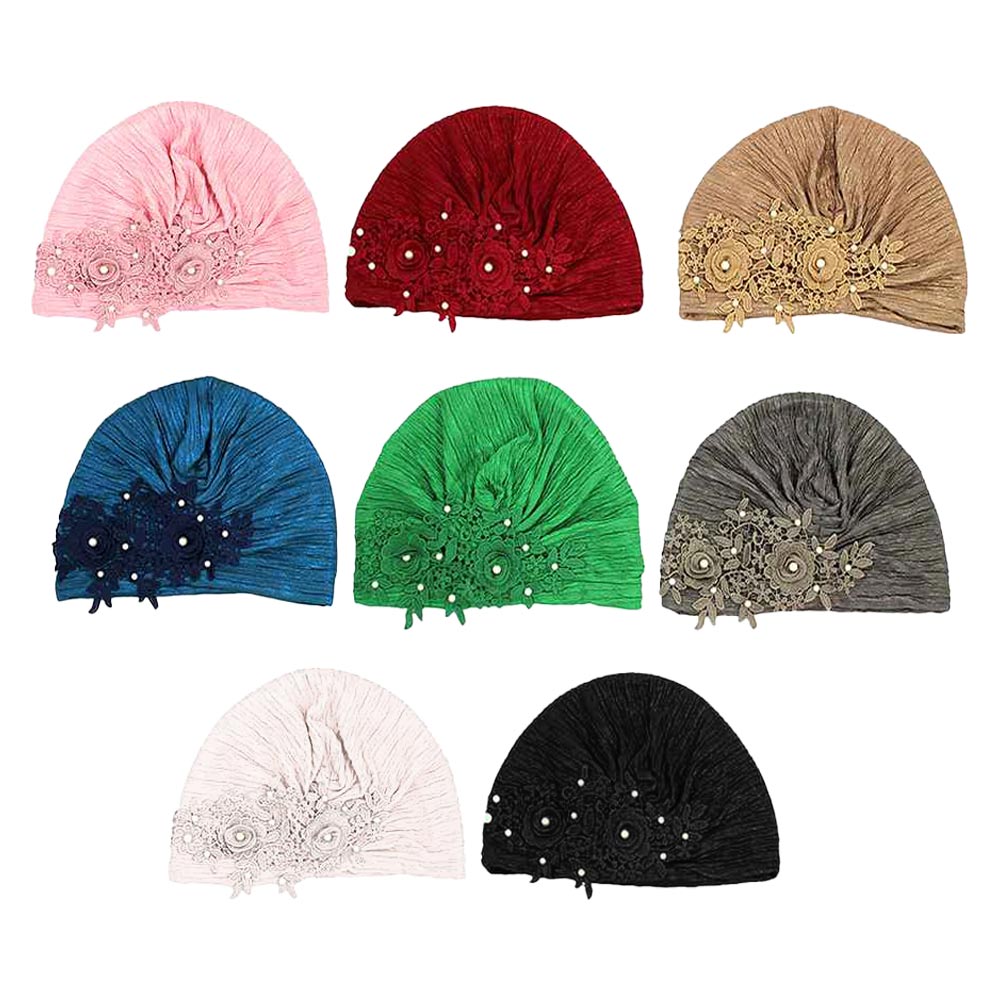 Floral Lace Pearl Embellished Turban Hair Wrap