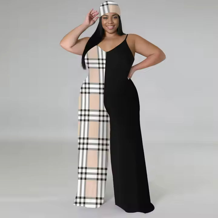 2025 Popular Products Wholesale Plus Size Women's Plaid Pattern Sleeveless Wide Leg Mopping Rompers Women Jumpsuit