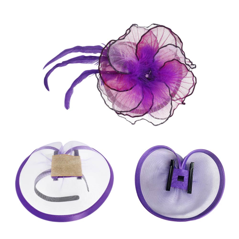 Elegant Feather Floral Accent Fascinator Headband Hair Clip Dressy Hat Lavender