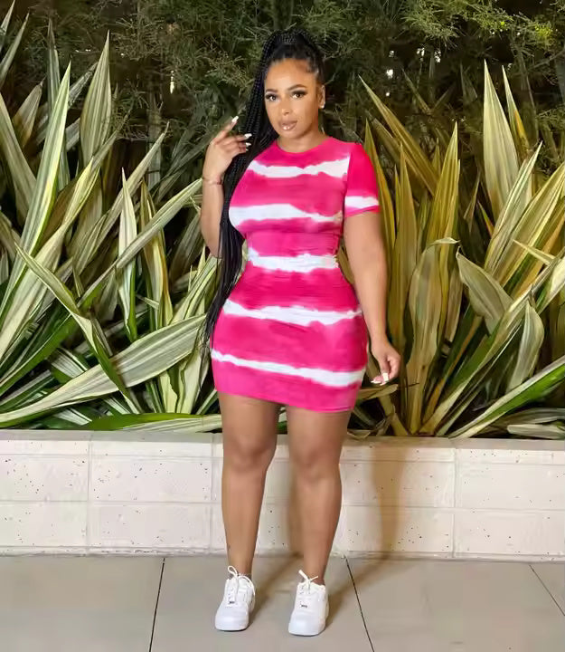 2025 Plus Size Women Clothing New Women's Tie Dye Solid Color Loose Short Sleeve Sexy Striped Casual Dress