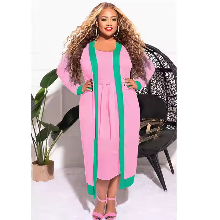 Trending Fashion Solid Color Stripes Stitching Sexy Tube Top Women's Dress Coat Set