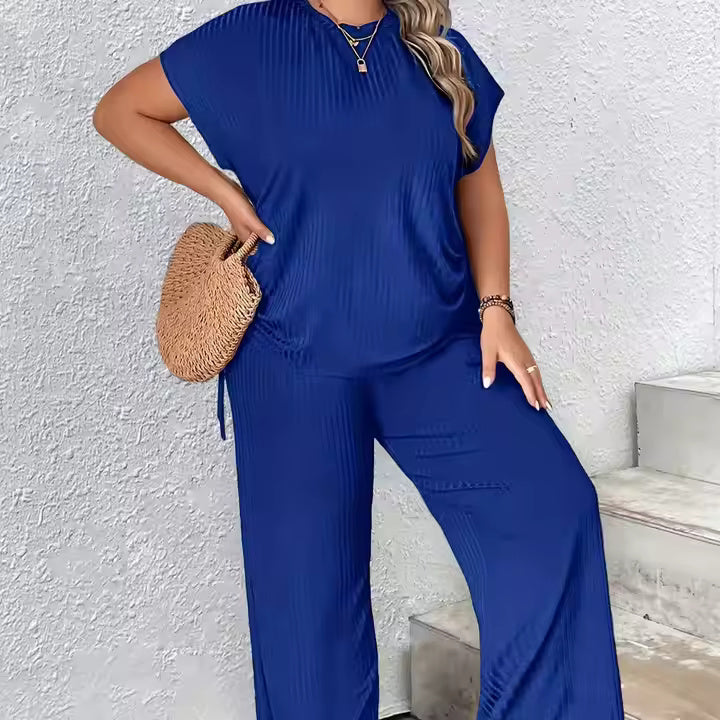 Trending Products Summer Fashion Casual Solid Color Plus Size Irregular Wide Leg Pants Two Piece Set