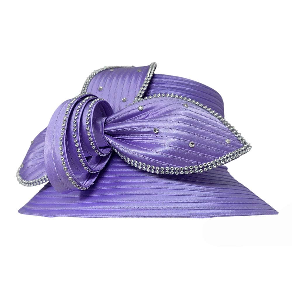 Rhinestone Embellished Floral Bow Accent Wide Brim Statement Dressy Hat