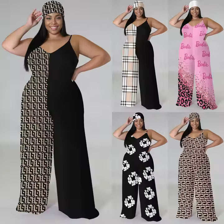 2025 Popular Products Wholesale Plus Size Women's Plaid Pattern Sleeveless Wide Leg Mopping Rompers Women Jumpsuit