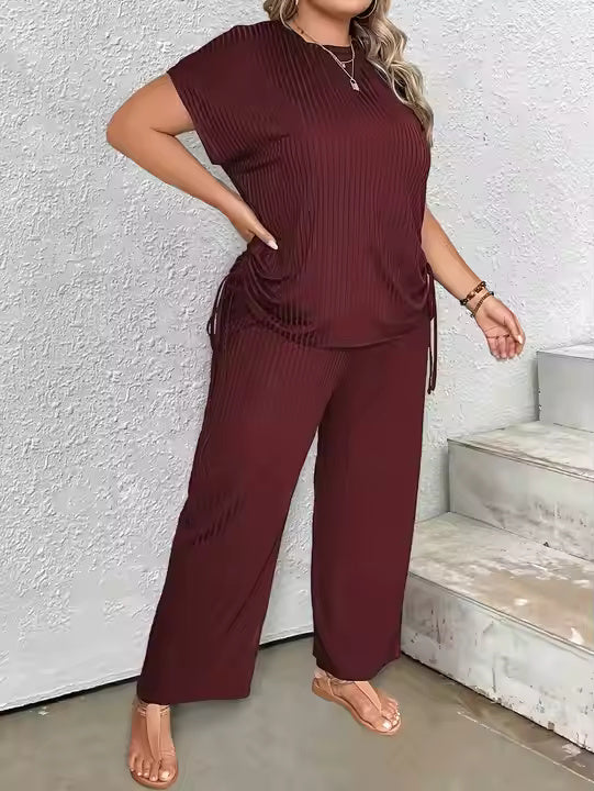 Trending Products Summer Fashion Casual Solid Color Plus Size Irregular Wide Leg Pants Two Piece Set