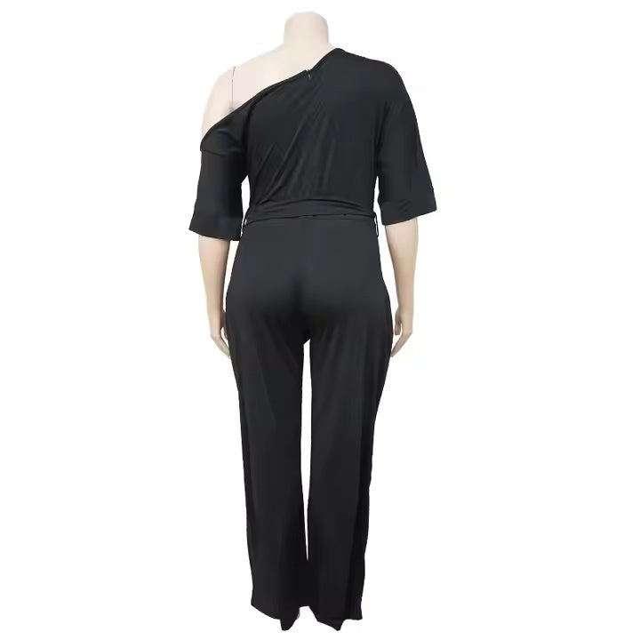 Women Elegant Jumpsuit Black Short Sleeve Jumpsuit Tie Straight Trousers One Piece Short Sleeve Solid Plus Size Jumpsuit