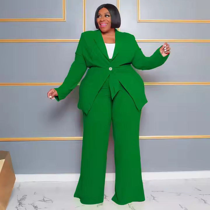 2025 Women Clothes Plus Size Women's Clothing Solid Color Button Sling Coat Trousers 2 Piece Sets