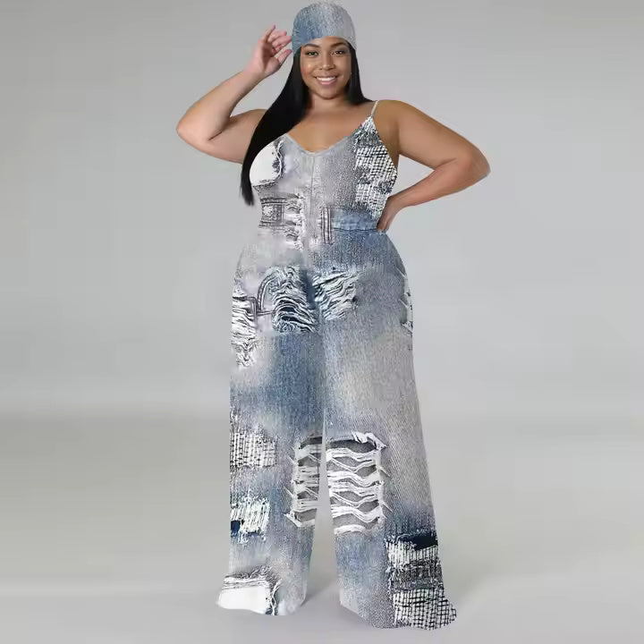 2025 Popular Products Wholesale Plus Size Women's Denim Graphic Style Sleeveless Wide Leg Mopping One Piece Jumpsuit