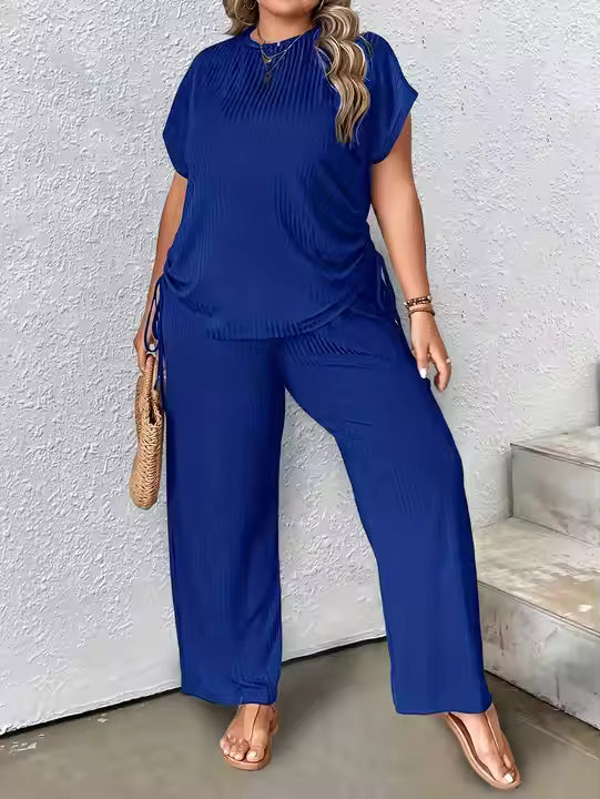 Trending Products Summer Fashion Casual Solid Color Plus Size Irregular Wide Leg Pants Two Piece Set
