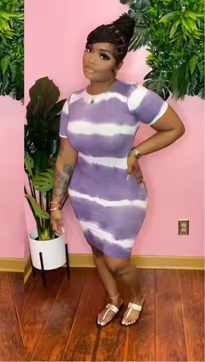2025 Plus Size Women Clothing New Women's Tie Dye Solid Color Loose Short Sleeve Sexy Striped Casual Dress