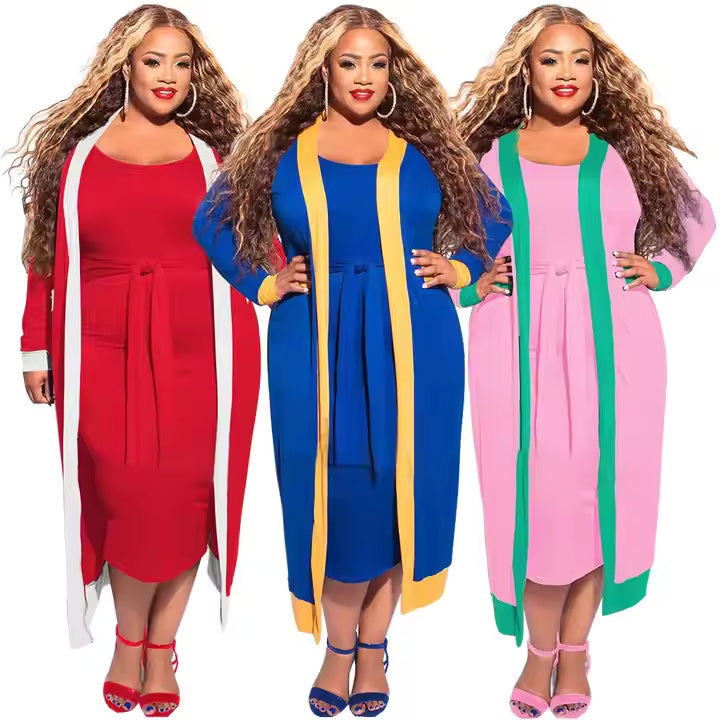 Trending Fashion Solid Color Stripes Stitching Sexy Tube Top Women's Dress Coat Set