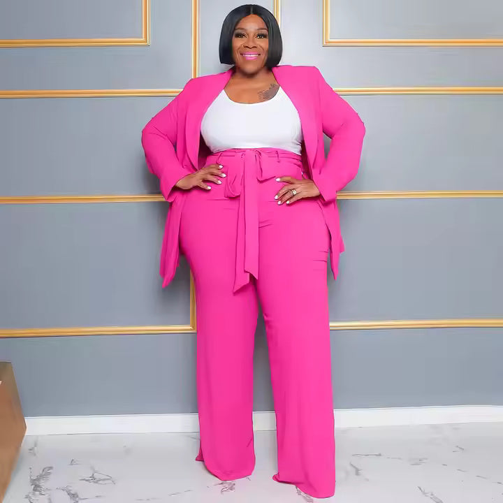 2025 Women Clothes Plus Size Women's Clothing Solid Color Button Sling Coat Trousers 2 Piece Sets