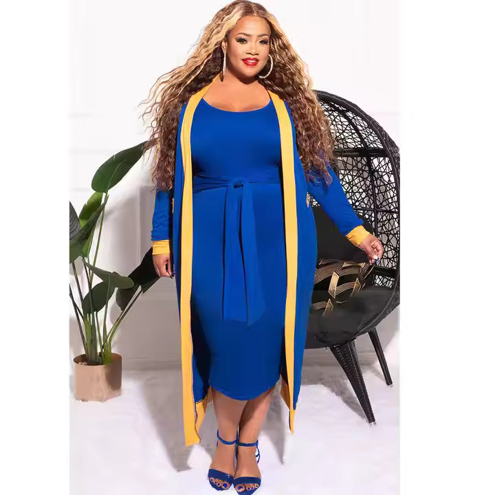 Trending Fashion Solid Color Stripes Stitching Sexy Tube Top Women's Dress Coat Set
