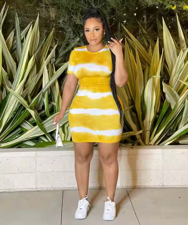 2025 Plus Size Women Clothing New Women's Tie Dye Solid Color Loose Short Sleeve Sexy Striped Casual Dress