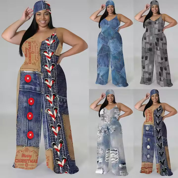 2025 Popular Products Wholesale Plus Size Women's Denim Graphic Style Sleeveless Wide Leg Mopping One Piece Jumpsuit