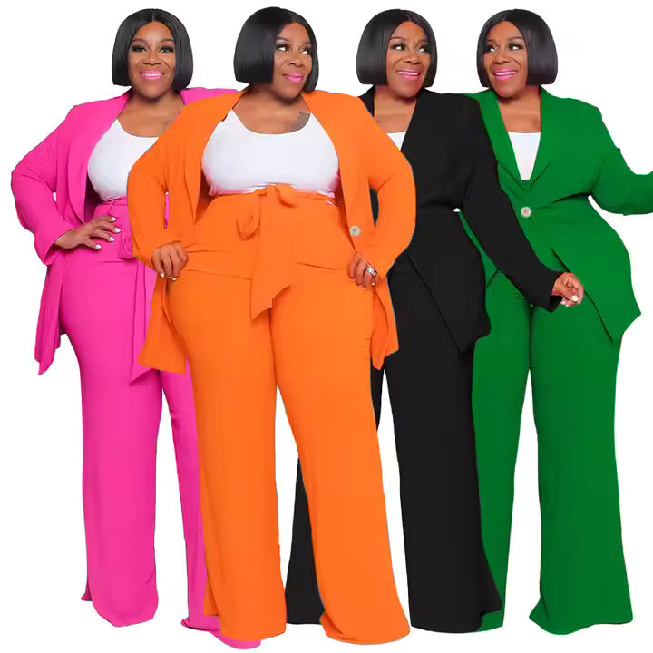2025 Women Clothes Plus Size Women's Clothing Solid Color Button Sling Coat Trousers 2 Piece Sets