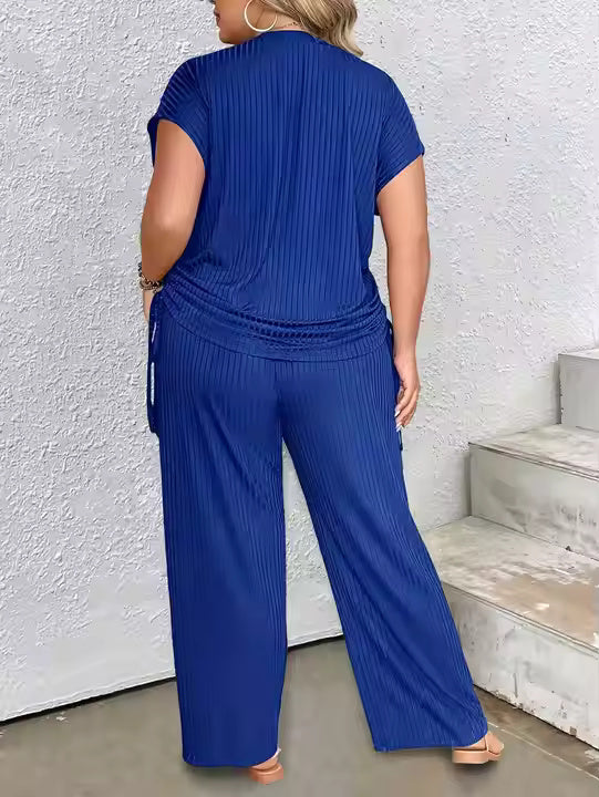 Trending Products Summer Fashion Casual Solid Color Plus Size Irregular Wide Leg Pants Two Piece Set