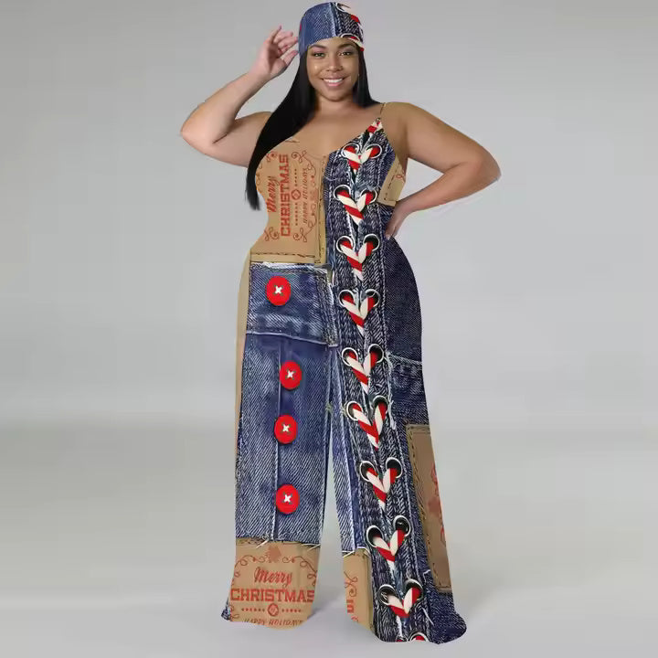 2025 Popular Products Wholesale Plus Size Women's Denim Graphic Style Sleeveless Wide Leg Mopping One Piece Jumpsuit