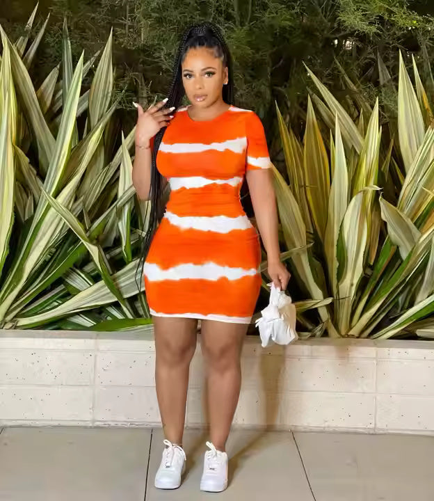 2025 Plus Size Women Clothing New Women's Tie Dye Solid Color Loose Short Sleeve Sexy Striped Casual Dress