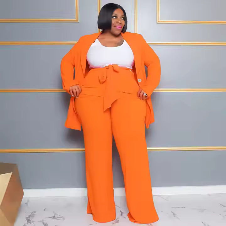 2025 Women Clothes Plus Size Women's Clothing Solid Color Button Sling Coat Trousers 2 Piece Sets