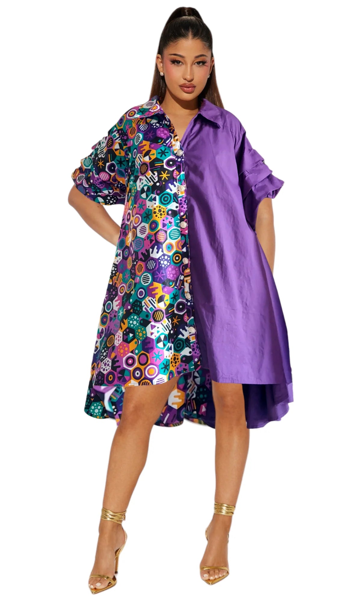 Swing Dress/ Cotton / Ruffle Sleeve - Two Tone