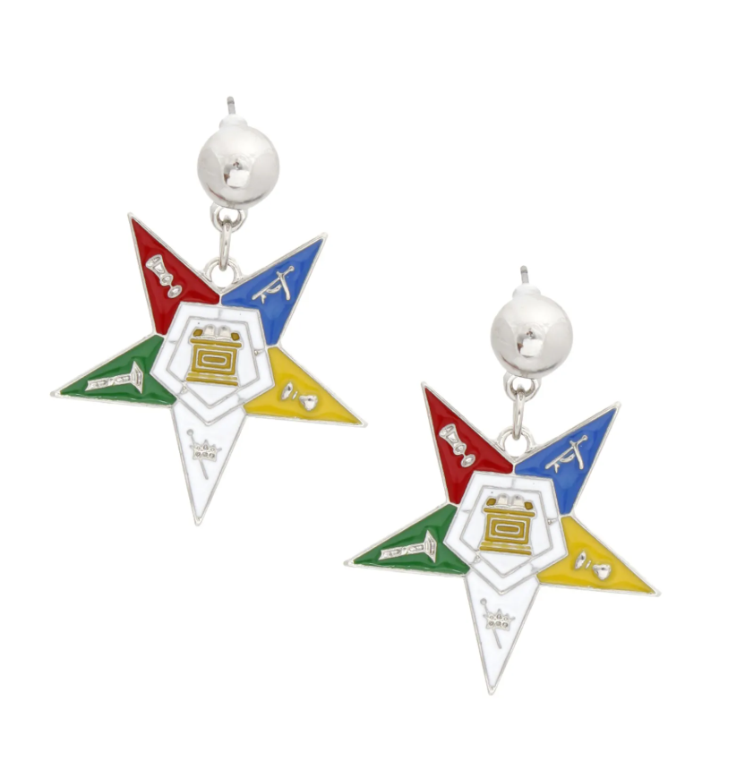 OES Sorority White Star Shield Drop Silver Earring
