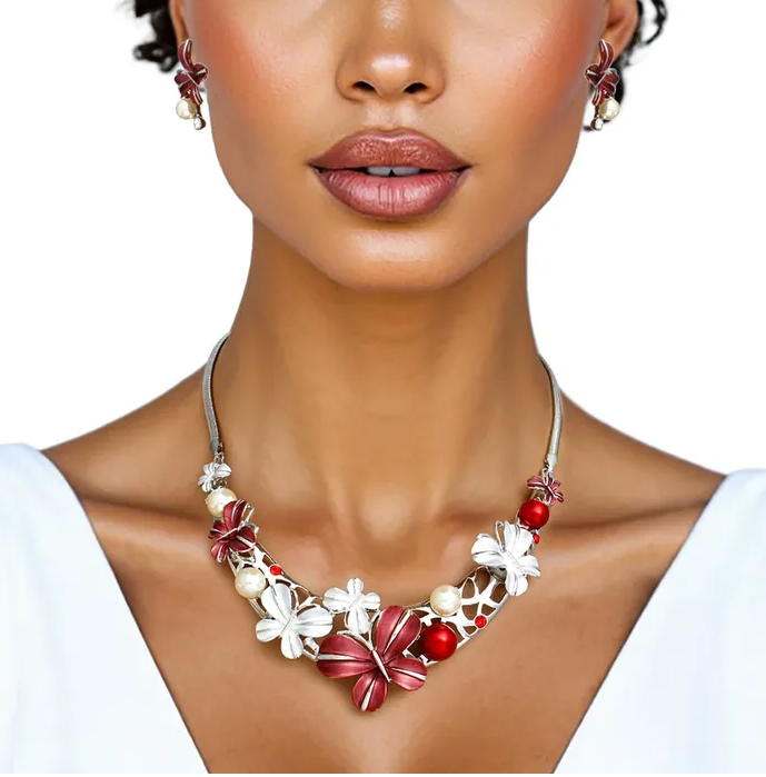 Collar Refined Red White Butterfly DST Necklace