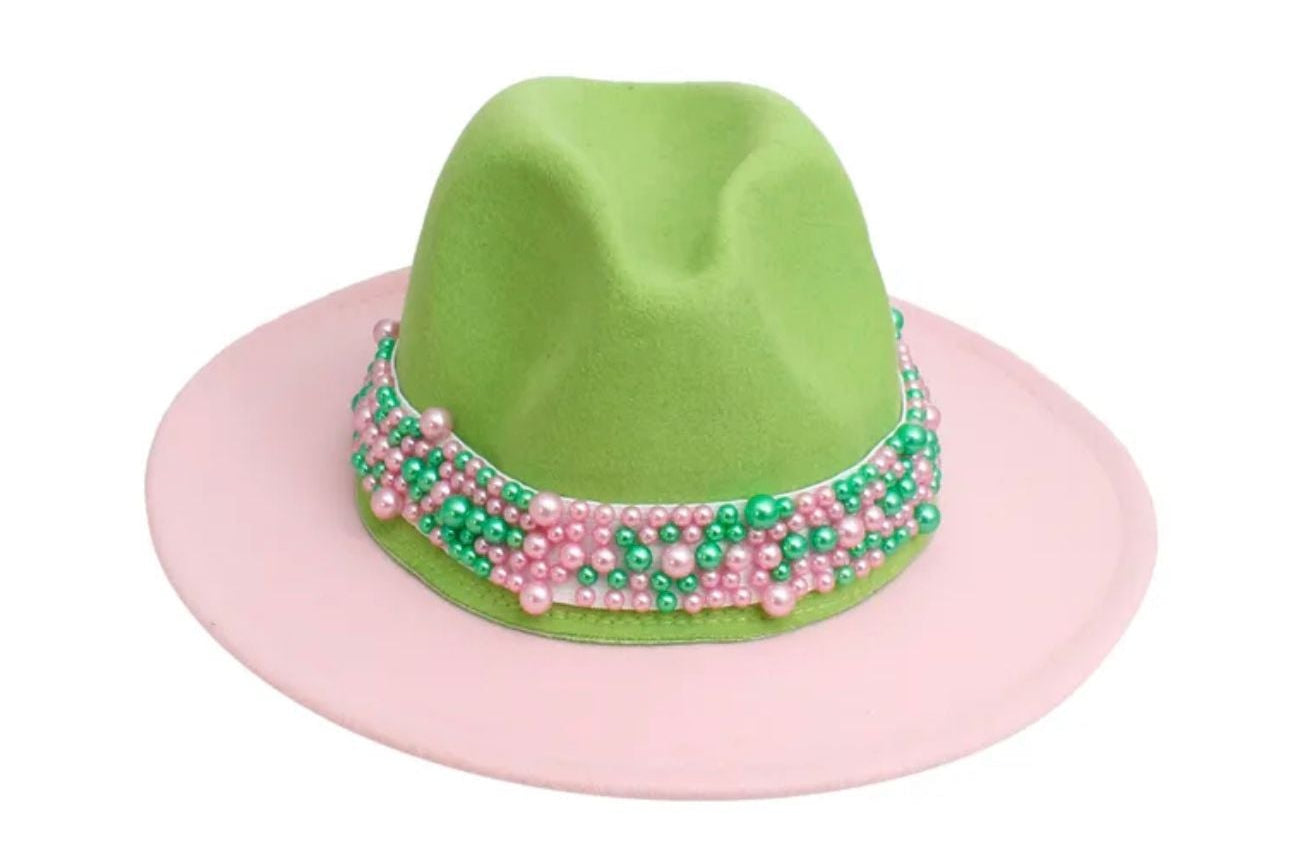 Pink Green Fedora Pearl Hat for Women