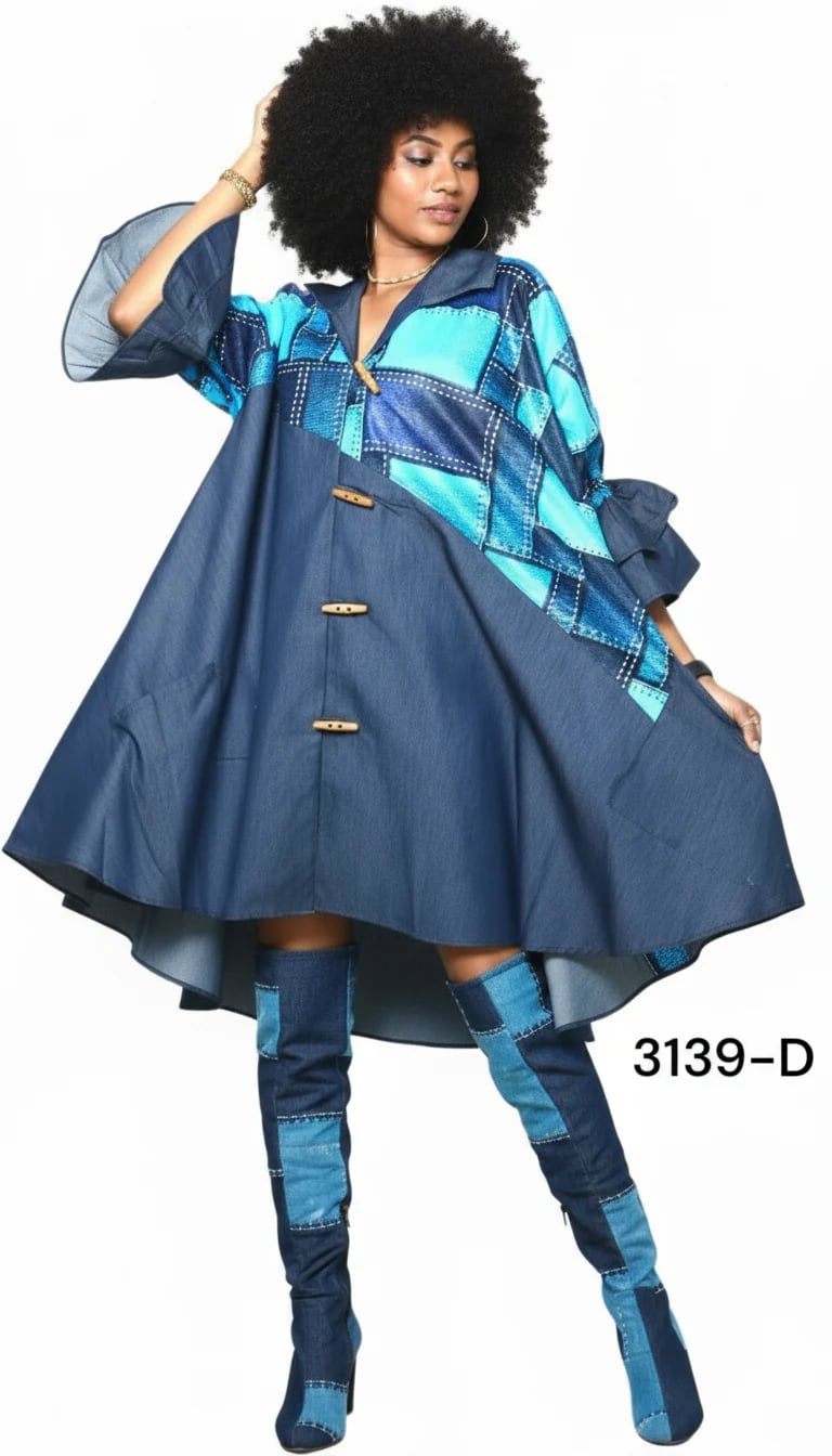 Denim Swing Dress with Ankara African Print